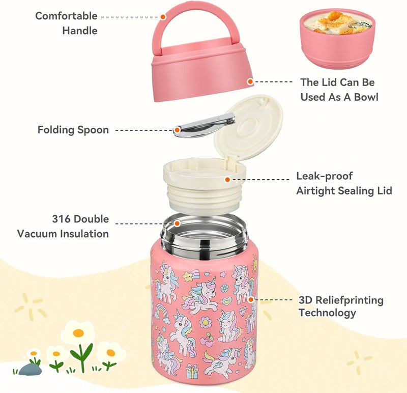 Aimsnk 17oz Soup Thermo for Hot Food Kids Insulated Food Jar,Thermo Hot Food Lunch Container, Width Mouth Stainless Steel Lunch Box for Kids with Handle Folding Spoon (Pink-Unicorn) - Image 3